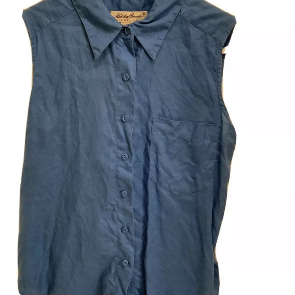 Eddie Bauer sleeveless linen blouse blue button too